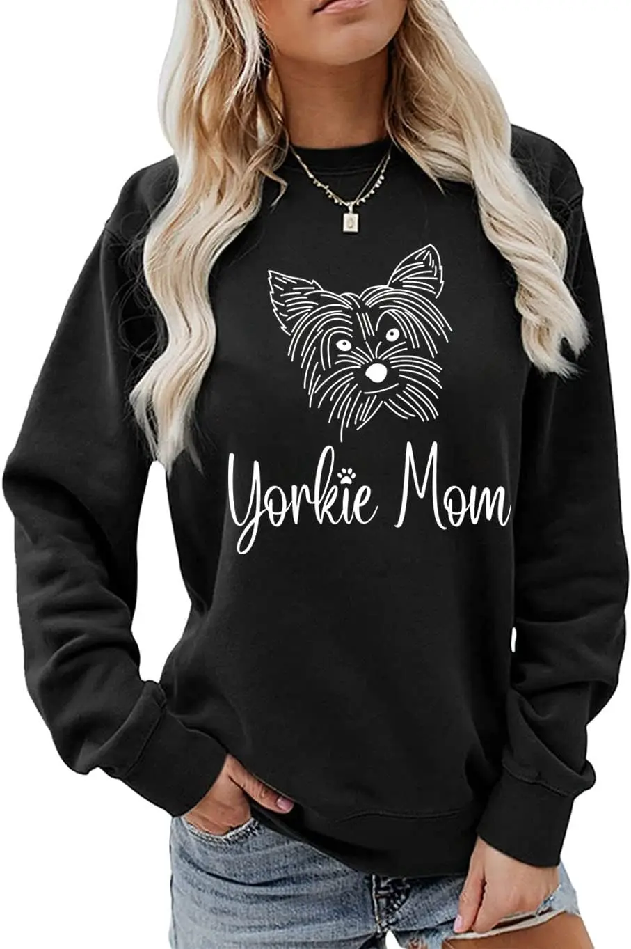 Womens Sweatshirt Cute Yorkie Mom Graphic Print Long Sleeve Pullovers Tops Crewneck Sweater Gift For Dog Owner