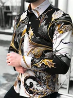 Camisa informal con botones y estampado geométrico para hombre, mezcla de poliéster, cuello de solapa, camisa de manga larga de tela no elástica