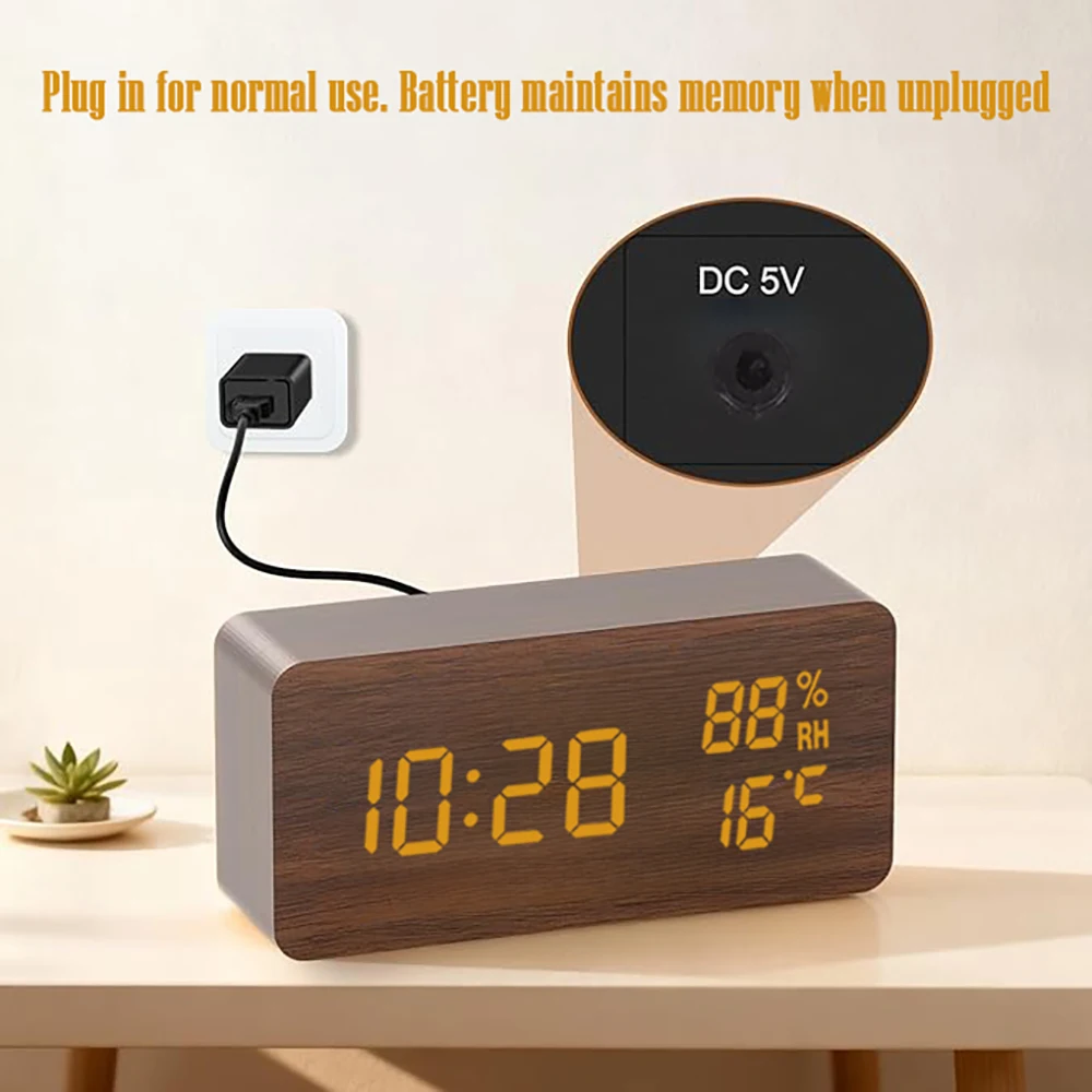 Wooden Digital Alarm Clock with Temperature Humidity LED Desk Clock for Office Bedroom Wooden Electric Clock Bedside Décor Gift