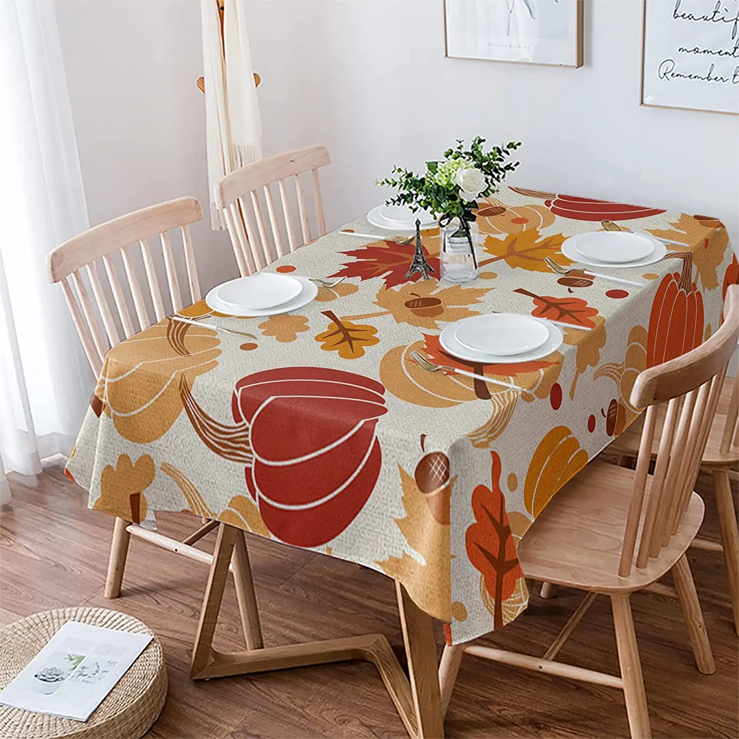 Thanksgiving Maple Leaves Pumpkin Rectangle Tablecloth Holiday Party Decoration Waterproof Tablecloth Kitchen Dining Table Decor