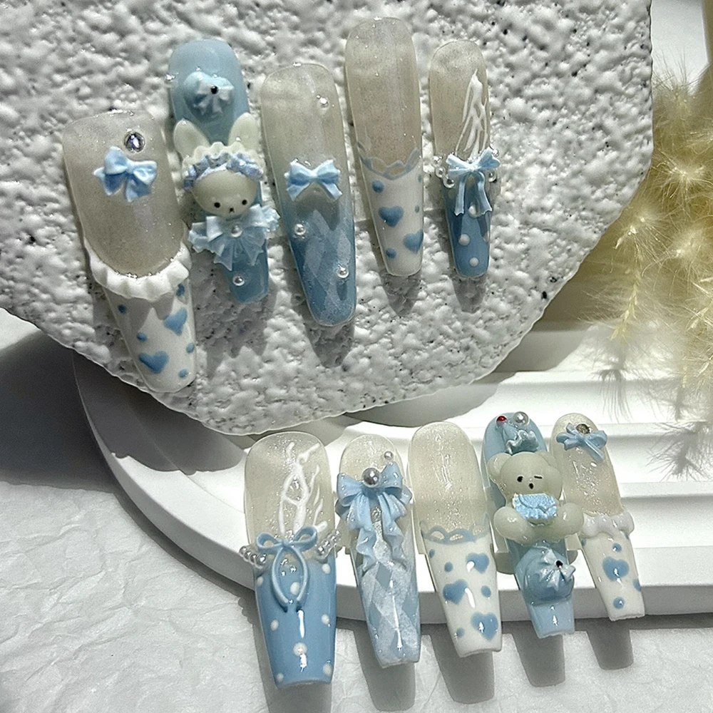 10 stuks Kawaii 3D boog teddybeer Franse handgemaakte pers op nagels schattig blauw konijntje lange nepnagels parels polka dot meisje nagelkunst