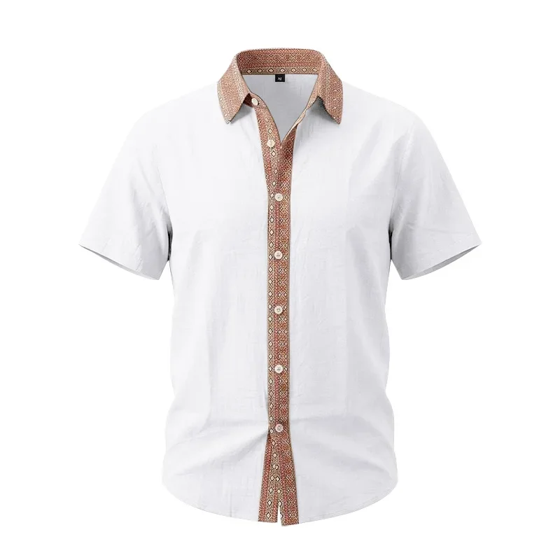 2026 Summer European and American Men's Shirts Short-Sleeved Casual Men's Neckline Contrasting Color Linen Lapel Top Shirt