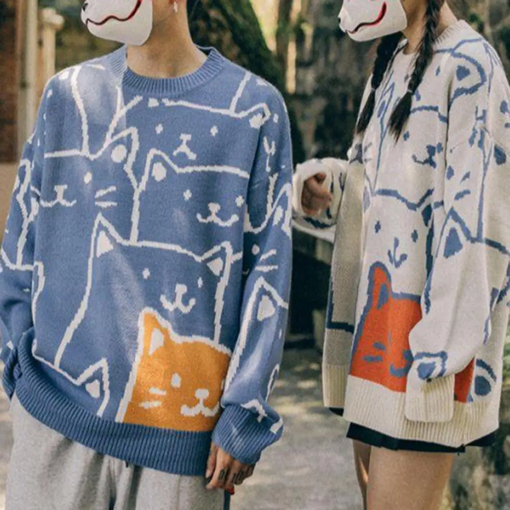 

Couples Matching Sweaters Lightweight Men Sweater Japanese Retro Harajuku Cartoon Cat Knitted Sweater Oversized Men's Winter