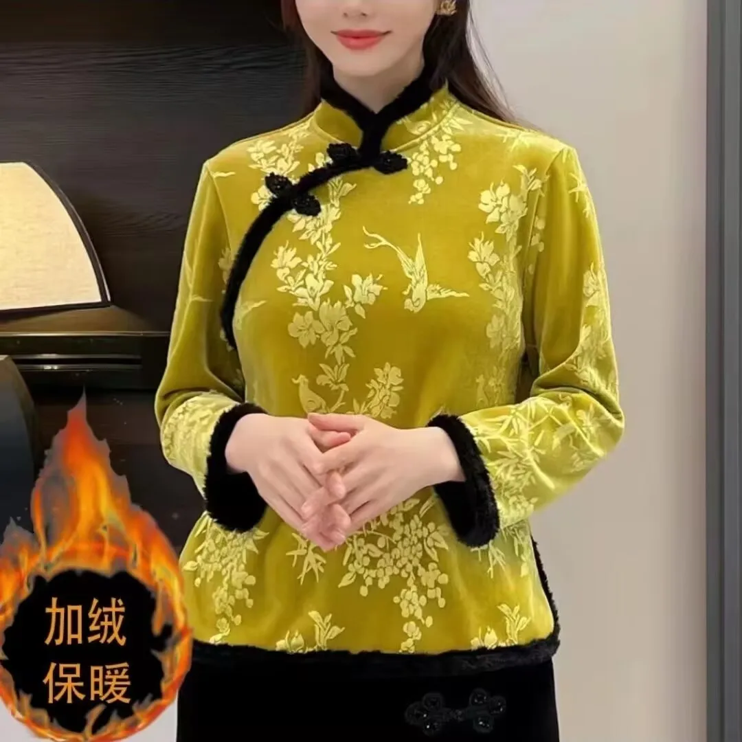 Women's Vintage Floral Tang Suit Jacket Canary Velvet Thicken Coat Fleece Warm Clothes for Mother Cheongsam Autumn Winter 2025