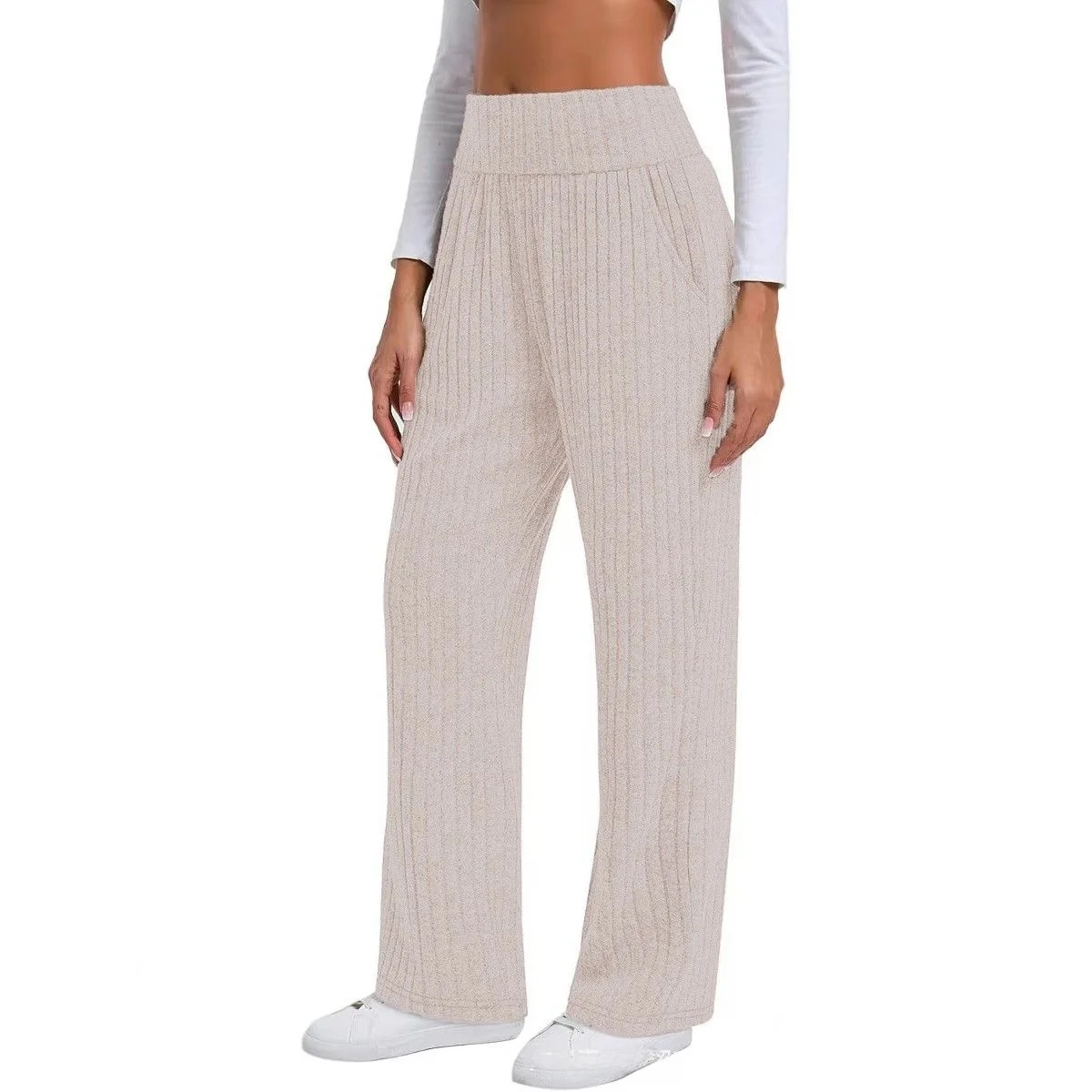 Pantalon décontracté femme Faionable Floing jambe droite pantalon Long taille élastique fibre de Polyester ket détail printemps 2025