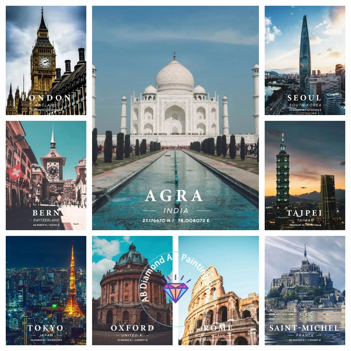 

AB Diamond Painting Kits Art Paris New York Havana Dubai Amalfi Seoul Barcelona Bern City Coordinate Embroidery Mosaic 5D DIY