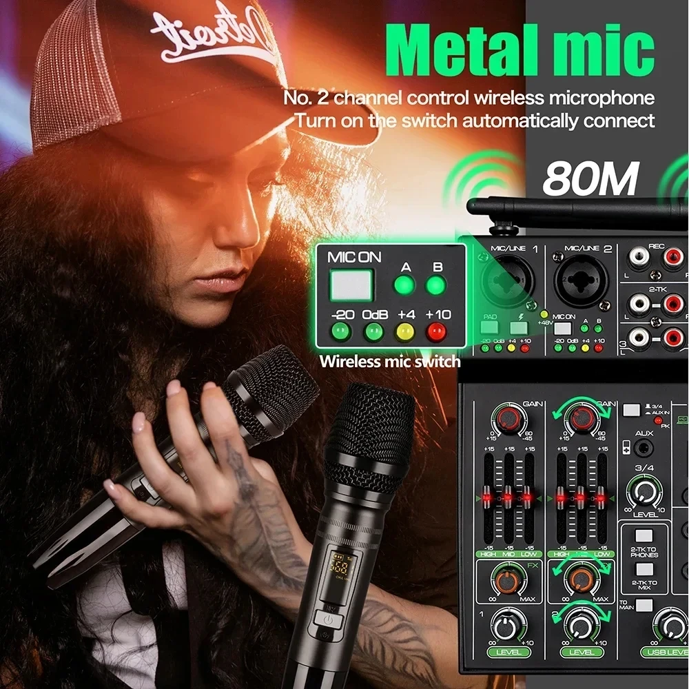 Pequeno microfone USB para Home Stage Performance, 4-Way Mixer, gravação ao vivo