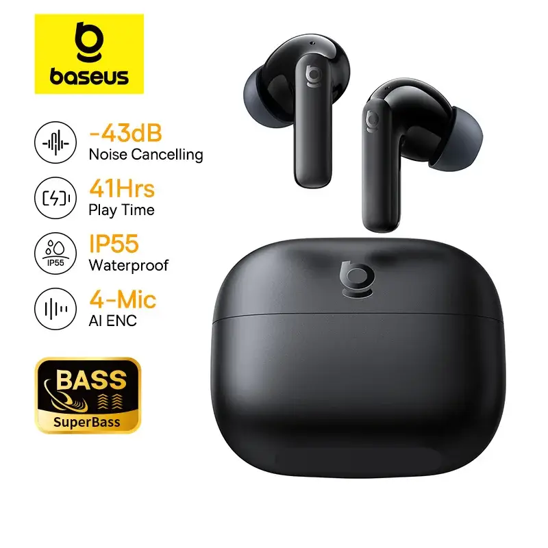 سماعات أذن لاسلكية حقيقية Baseus Bass EP10/BP1 NC -43dB إلغاء الضوضاء ANC بلوتوث 6.0 سماعات أذن لاسلكية داخل الأذن 4 ميكروفونات