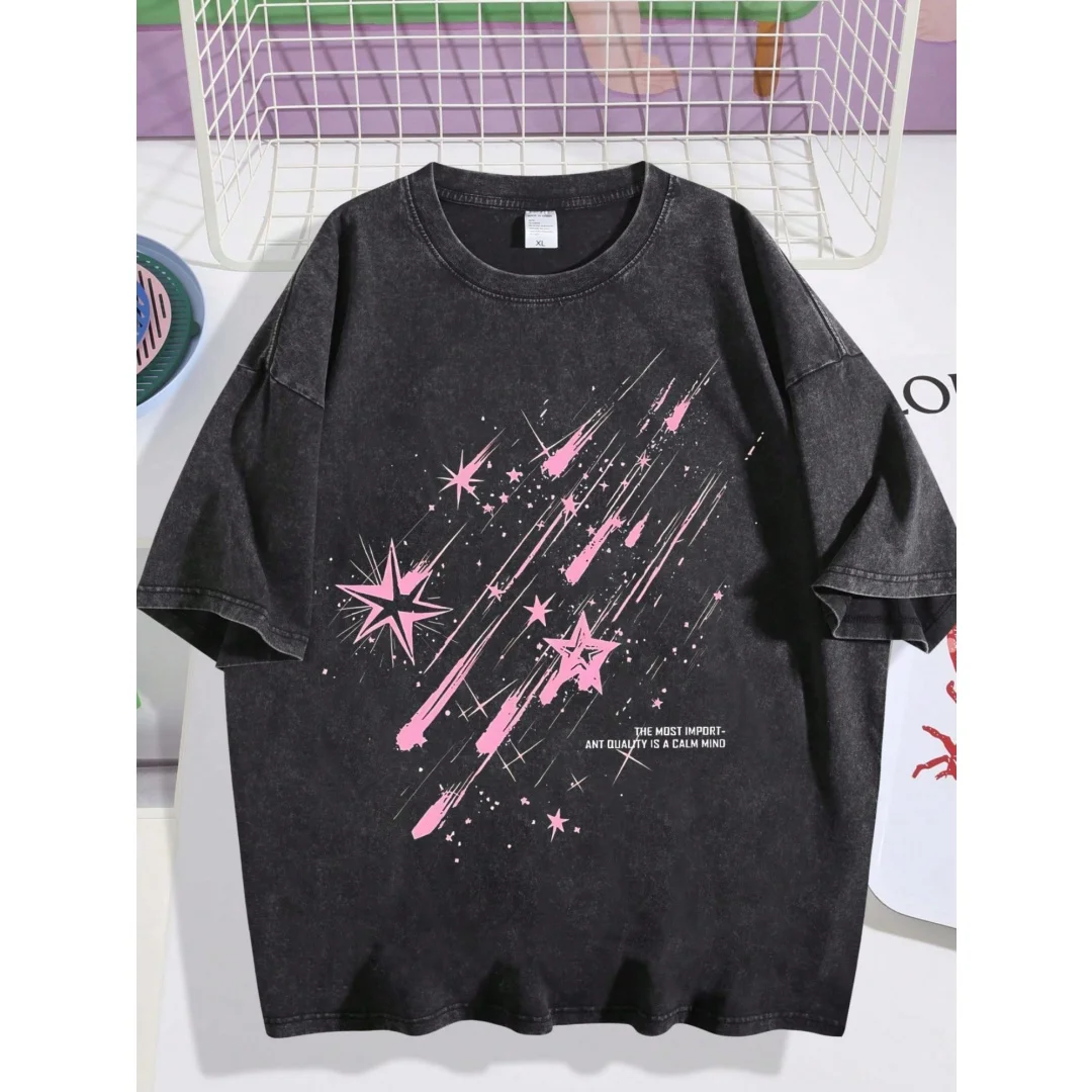 Women's Summer Crew Neck Short Sleeve T-shirt Vintage Washed Meteor Star Prin Loose Retro Street Top Fashion Casual Outfit