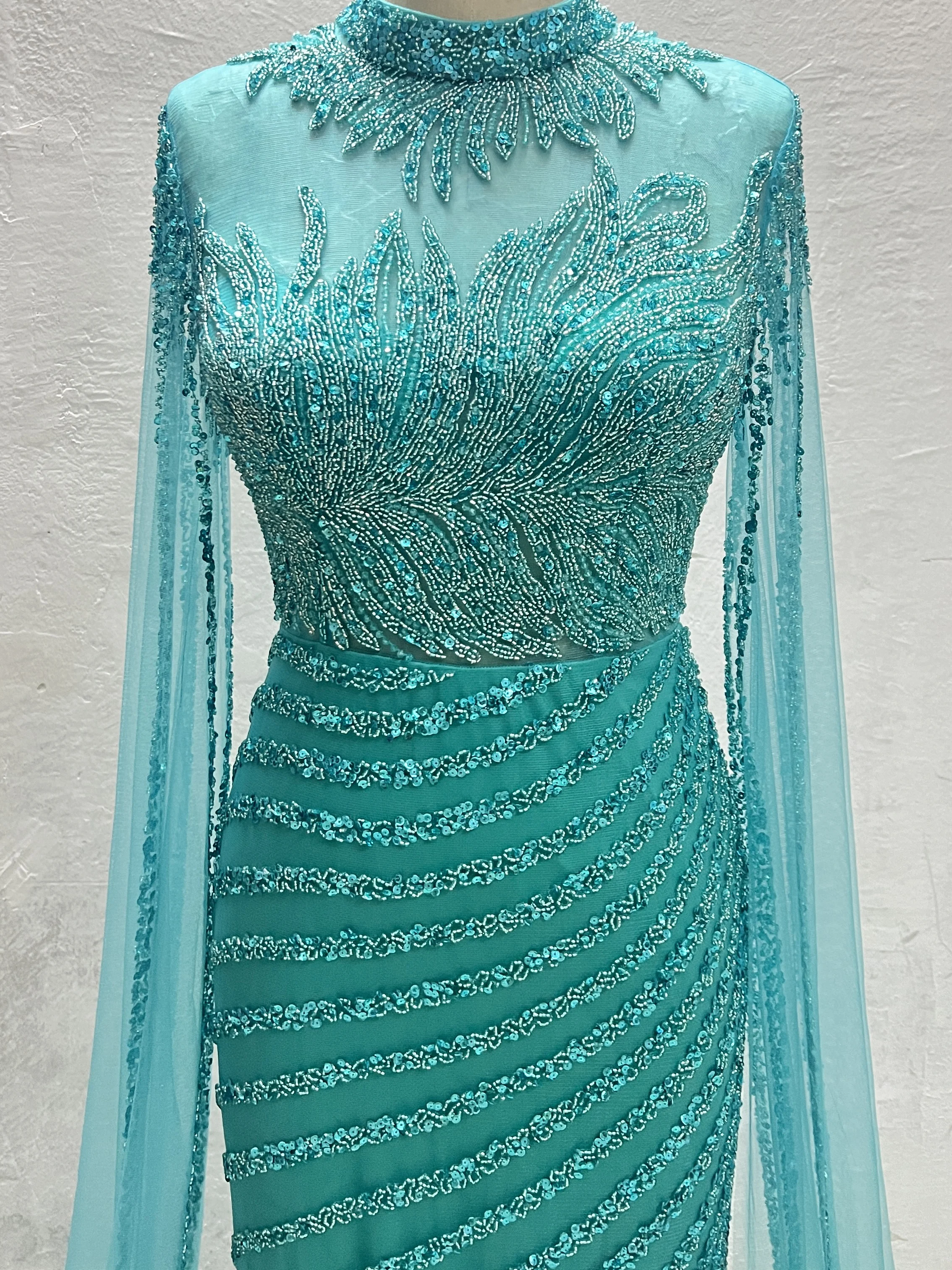 Vestidos de noite sereia com renda e capa, vestidos frisados, turquesa e caramelo, mangas compridas, melhor preço, festa de casamento, em estoque, LA71885, 2024