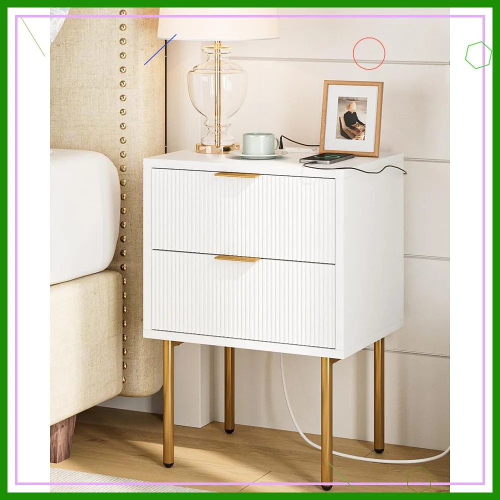 

Modern Nightstand with Charging Station & 2 Drawers, Gold Frame Side Table for Bedroom Living Room in White