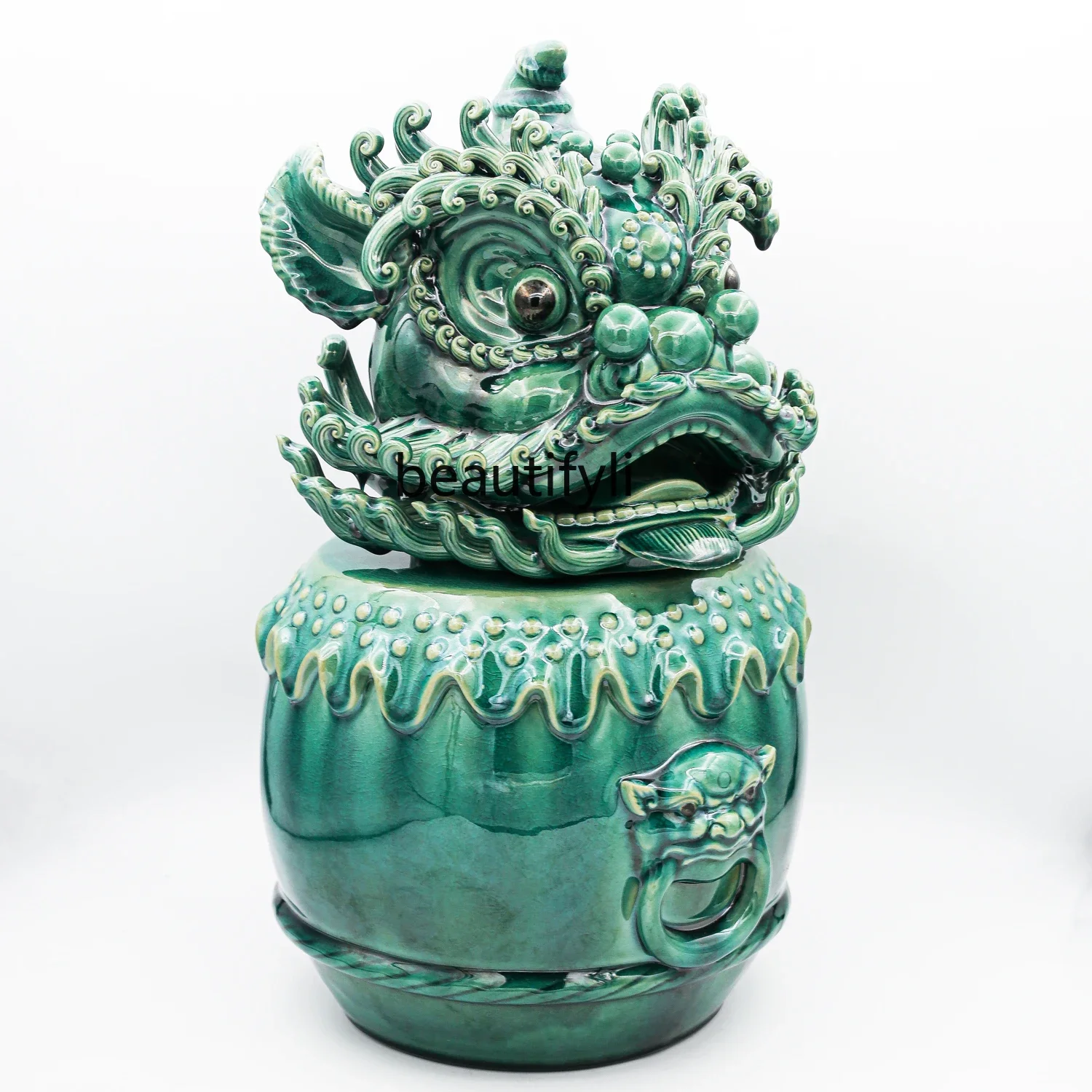 Chinese green lion head high temperature porcelain high-grade drum lion art entrance decorative ornament