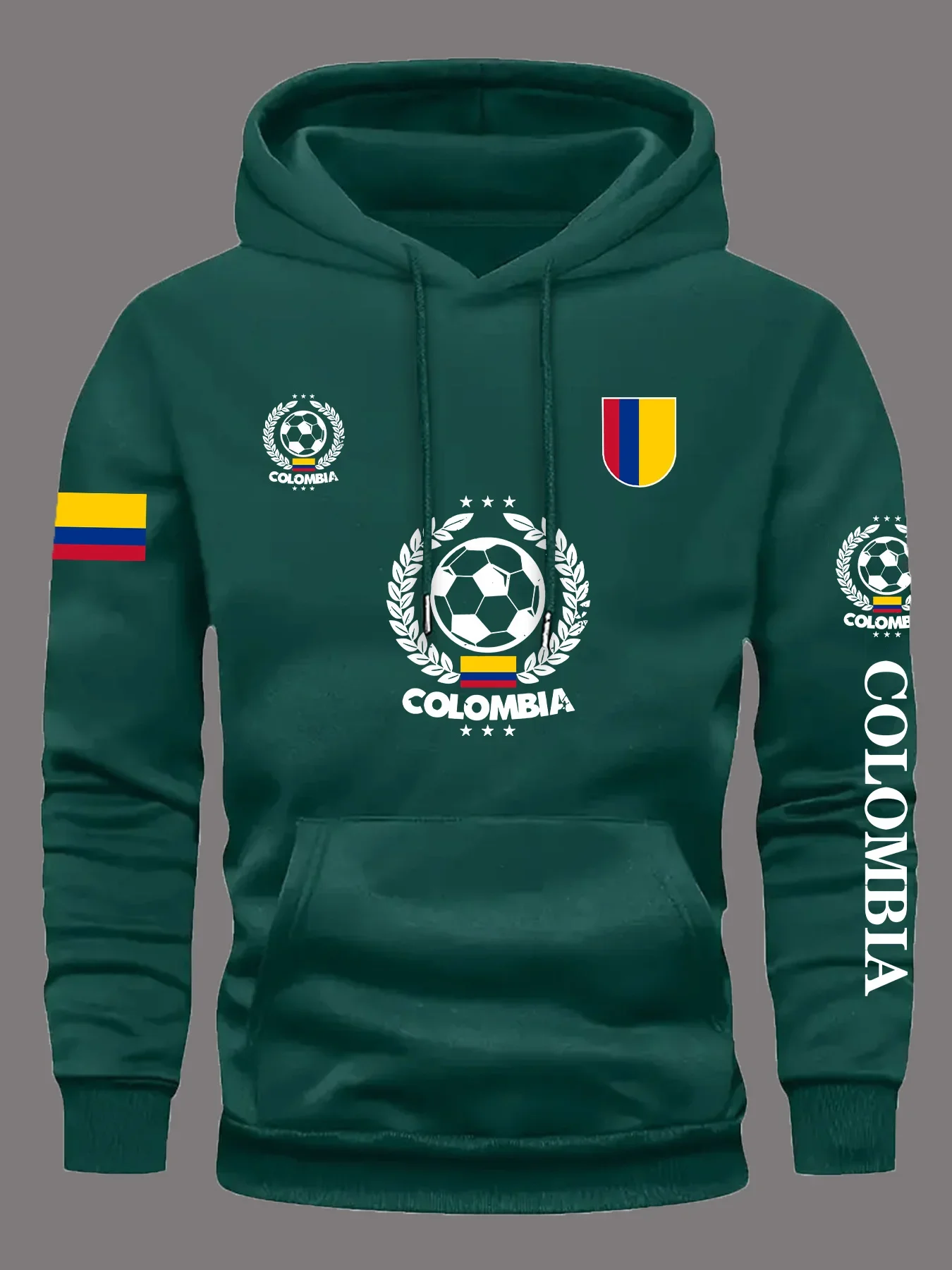 سترة بغطاء للرأس برسوم المنتخب الوطني لكولومبيا للرجال - بلوفر أحمر نابض بالحياة لكرة القدم مع شعار فضفاض مناسب لآلة البلوز غير الرسمية