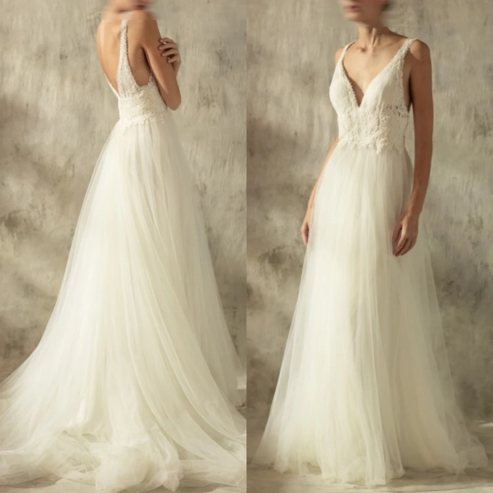 

Customized Exquisite Tulle Classic A-Line Sexy V-neck Luxury Wedding Dress Fashion Appliques Bridal Party Delicate Bridal Gowns