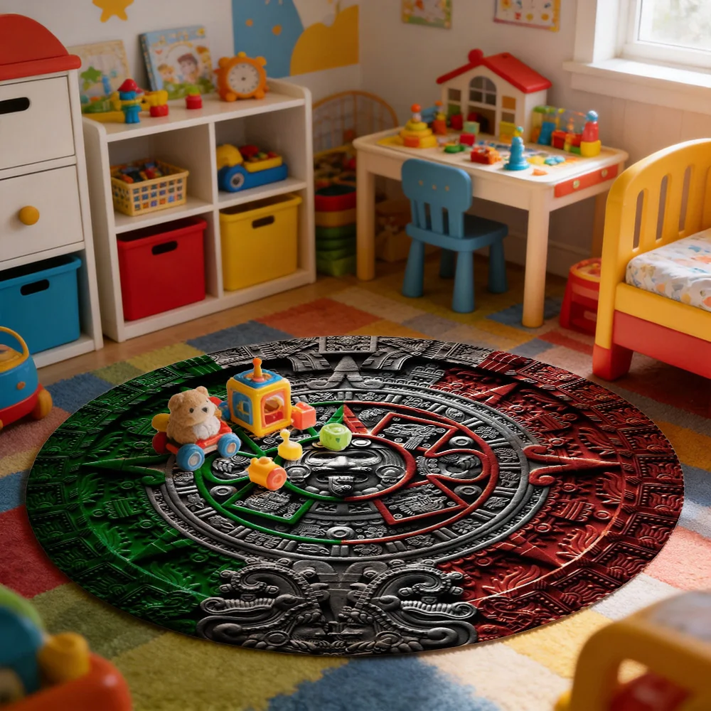 Large Round Aztec Mayan Culture Design Area Rug Bohemian Tribal Pattern Floor Mat for Living Room Home Decor