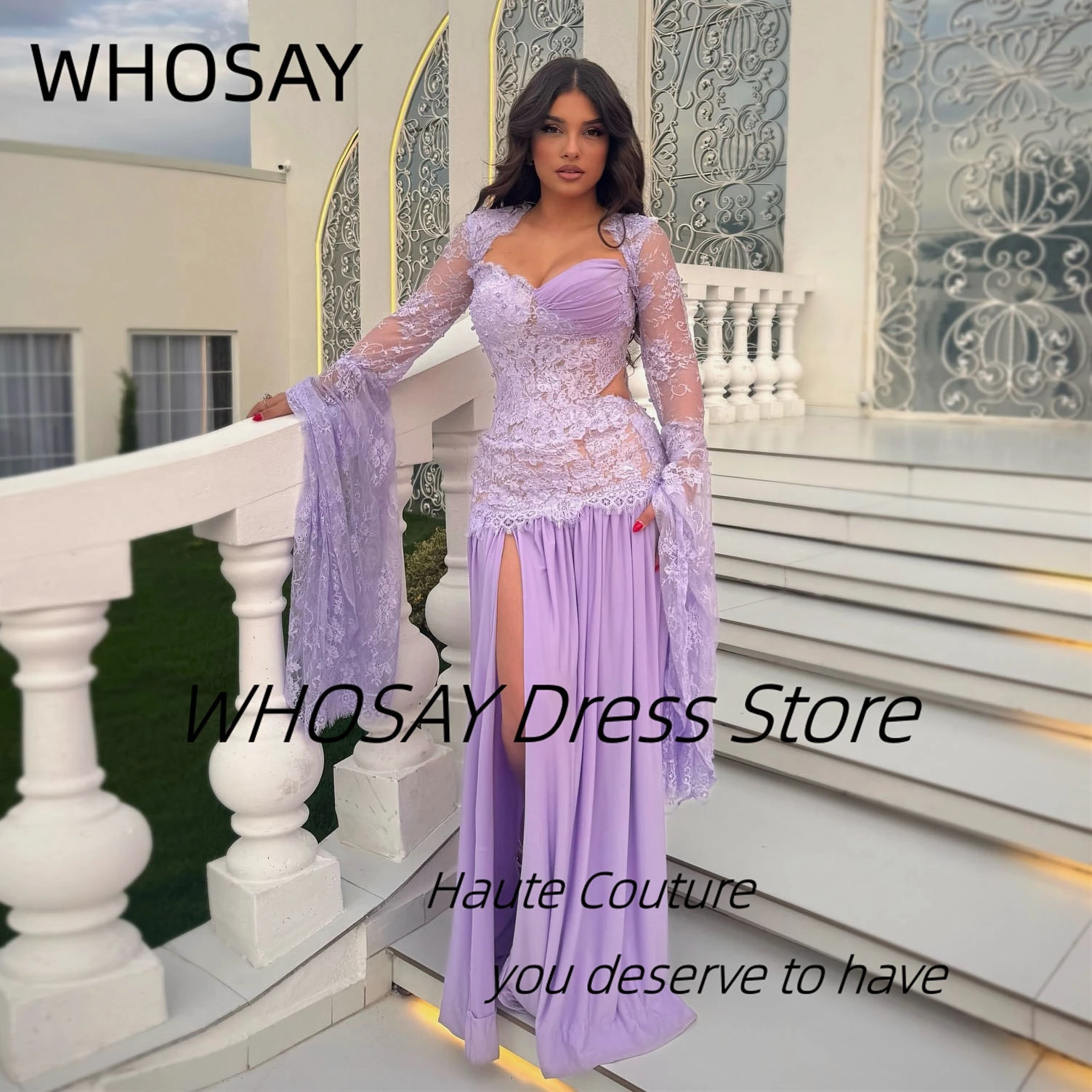 

WHOSAY Prom Dresses Lace Long Sleeves Evening Gowns Side Slit Ruched Chiffon Saudi Arabia Party Formal Gowns Customized