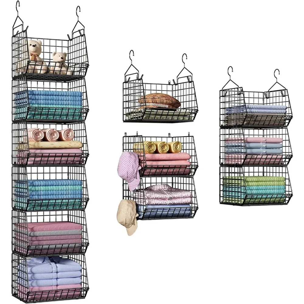 

6-Tier Foldable Closet Hanging Organizer with Hooks, Wire Storage Baskets for Clothing Accessories