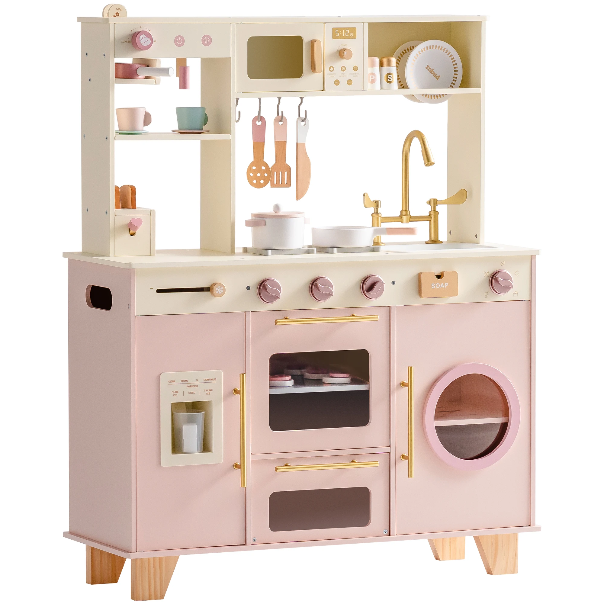 ROBUD Wooden Toy Kitchen Set for Kids Pretend Play Kitchen with Bread Maker Oven Dishwasher Ice Maker Removable Sink Sliceable Food Accessories for Boys Girls Ages 3+ Pink