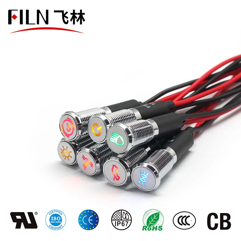 FILM 8mm Symbole LED-Anzeigeleuchte 12V 24V Schwarze Metallanzeige Dash Pilot Light mit Draht Auto Armaturenbrett Ruck Maschinen