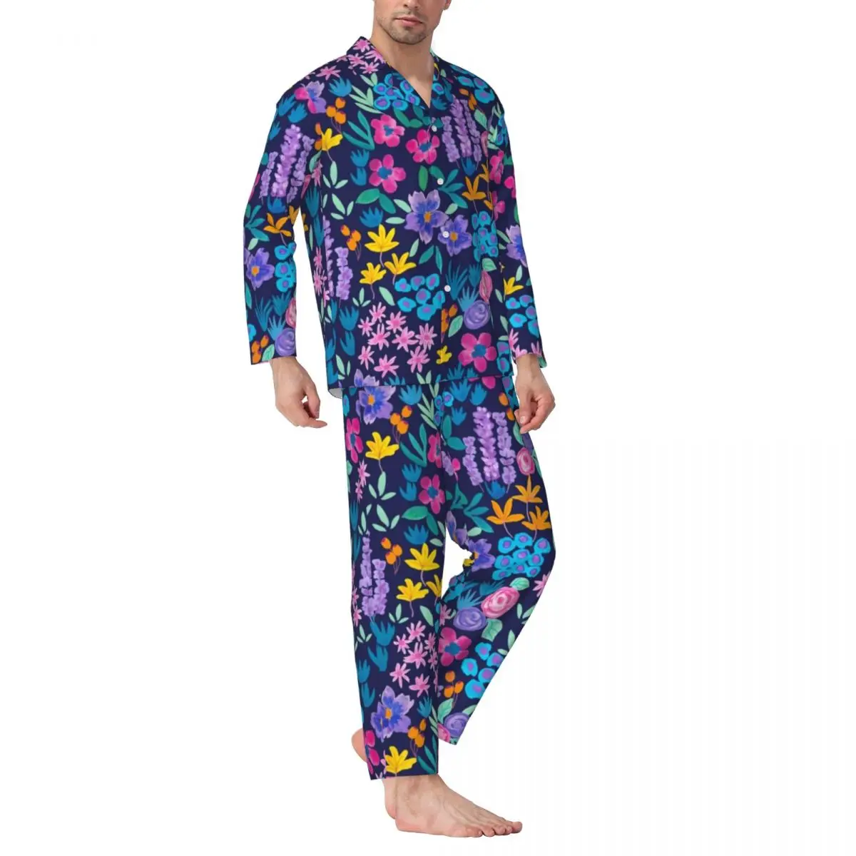 

Bright Flowers Sleepwear Autumn Vibrant Floral Casual Loose Oversized Pajama Set Mens Long Sleeve Soft Sleep Custom Nightwear