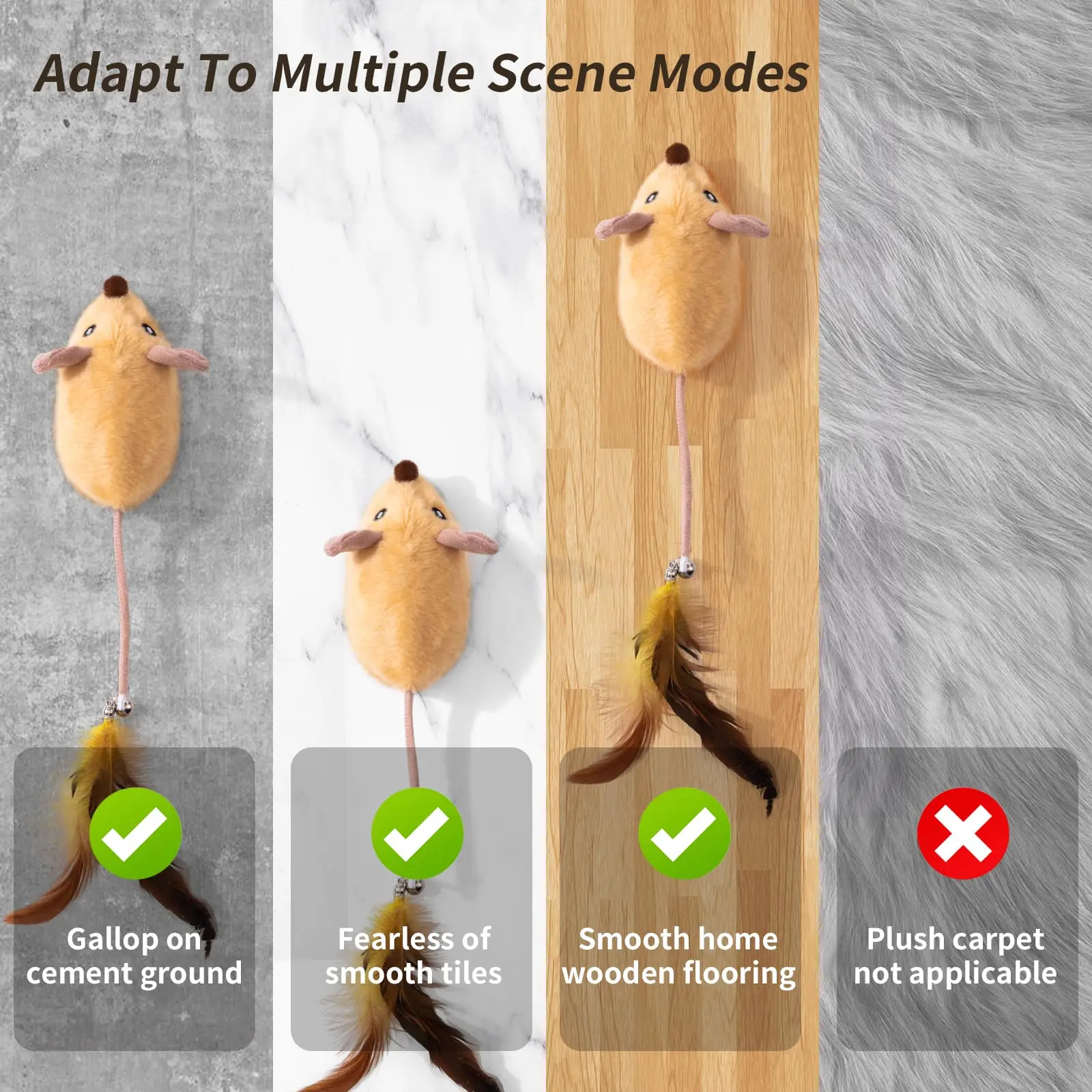 Cat Toys Mouse for Indoor Cats Rechargeable LED Cat Mouse Toy Feather Bell Tail Lifelike Electric Automatic Moving Mouse Cat Toy