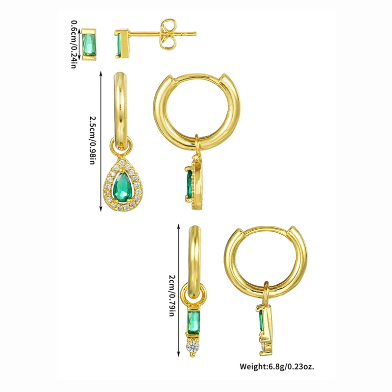 3 Pieces/set of Fashion Personalized Green Crystal Water Droplet Pendant Earrings for Women New Stainless Steel Jewelry Earrings