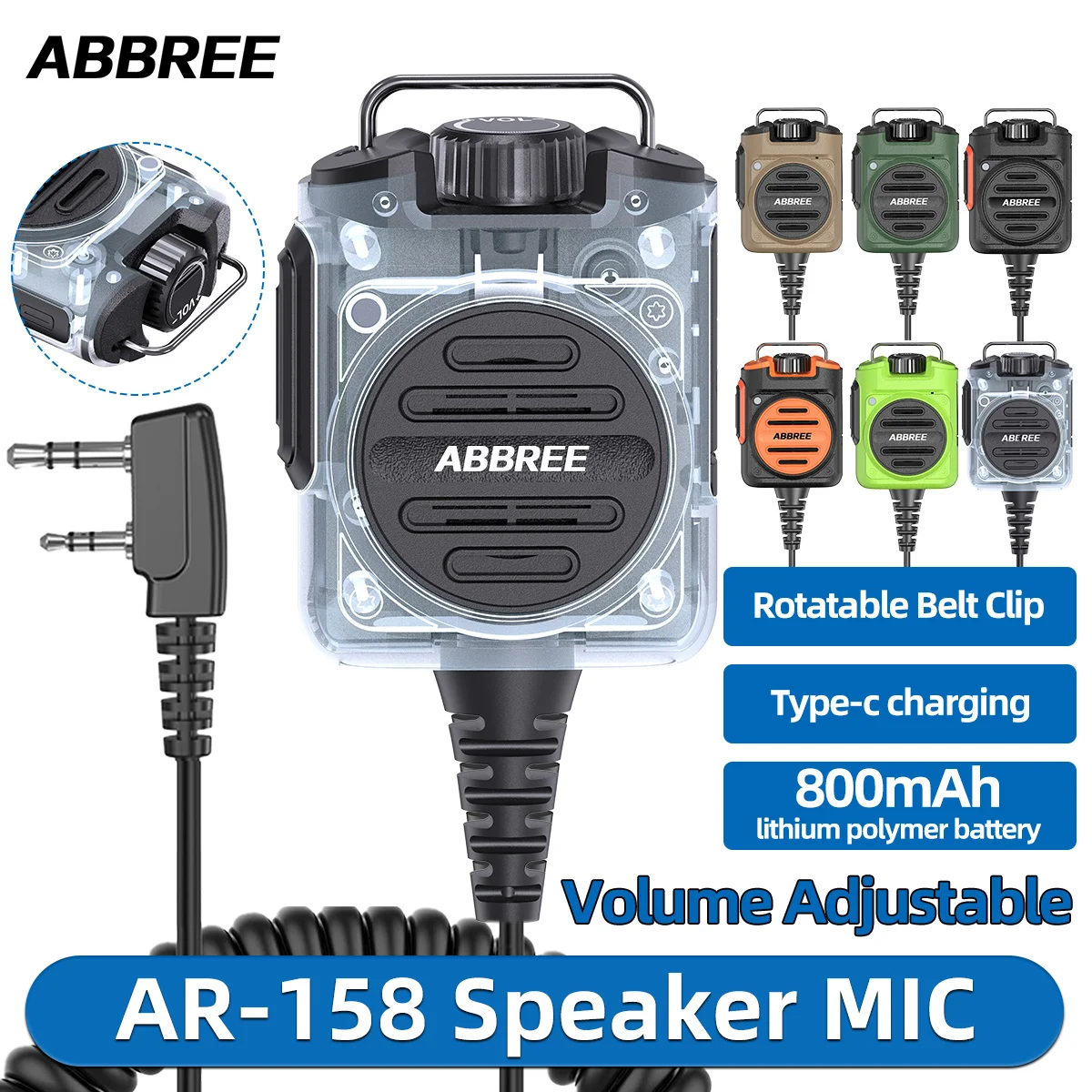 ABBREE AR-158 Handheld Speaker Mic Adjustable Volume Clear Sound K-Type Microphone Compatible with Baofeng UV-5R UV-32 UV-21 PRO