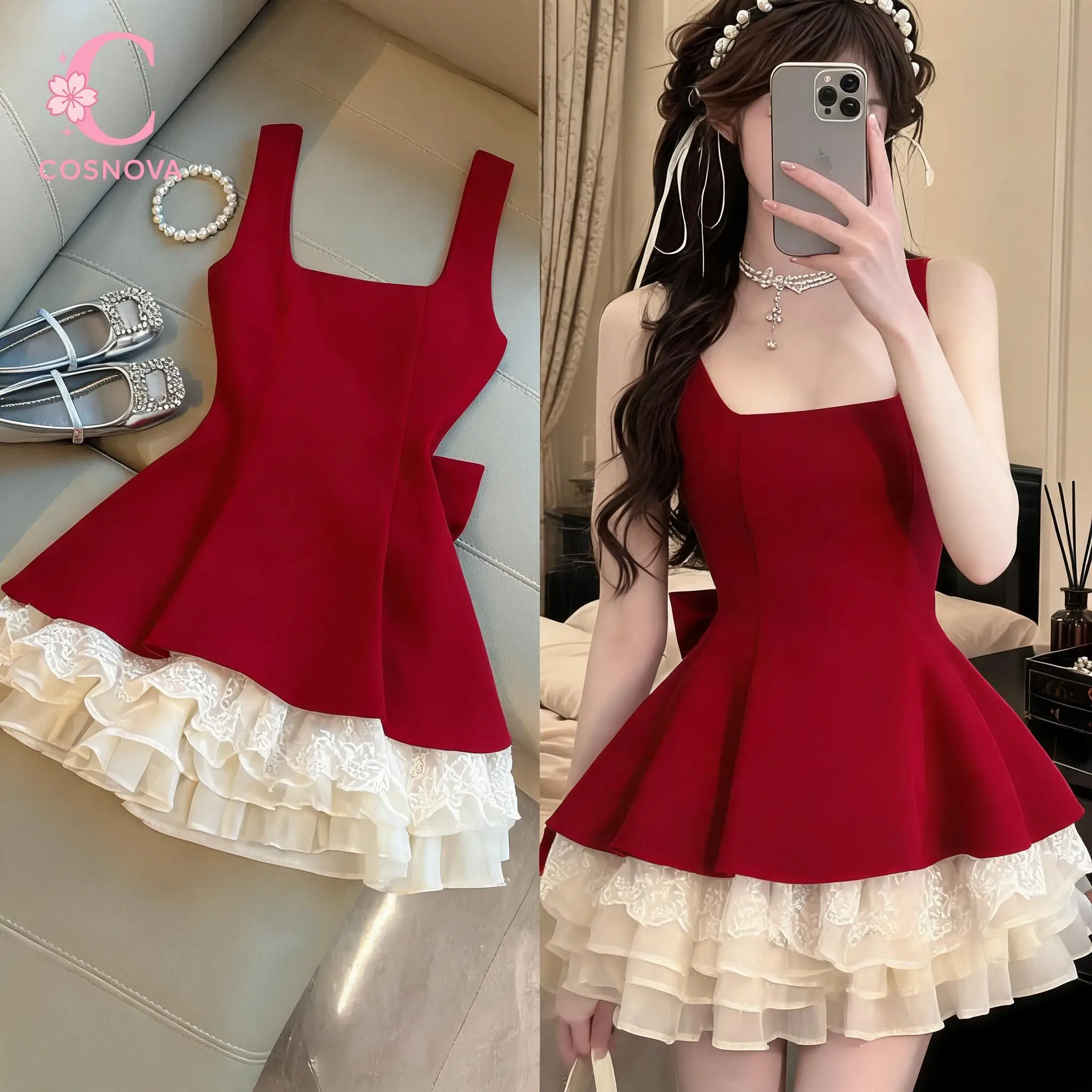 

French Coquette Princess Lace Bow Mini Dress Women Slim Fit Ruched Square Neck Wide Shoulder Strap Elegant Party Clubwear Outfit