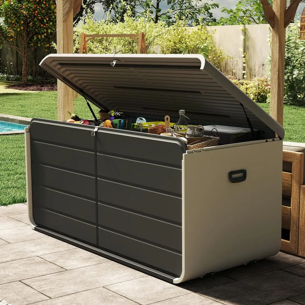 

200 Gallon Resin Deck Box, Waterproof amp UVResistant Outdoor Large Storage Box Lockable Storage Bin for Patio Cushions Pool Su