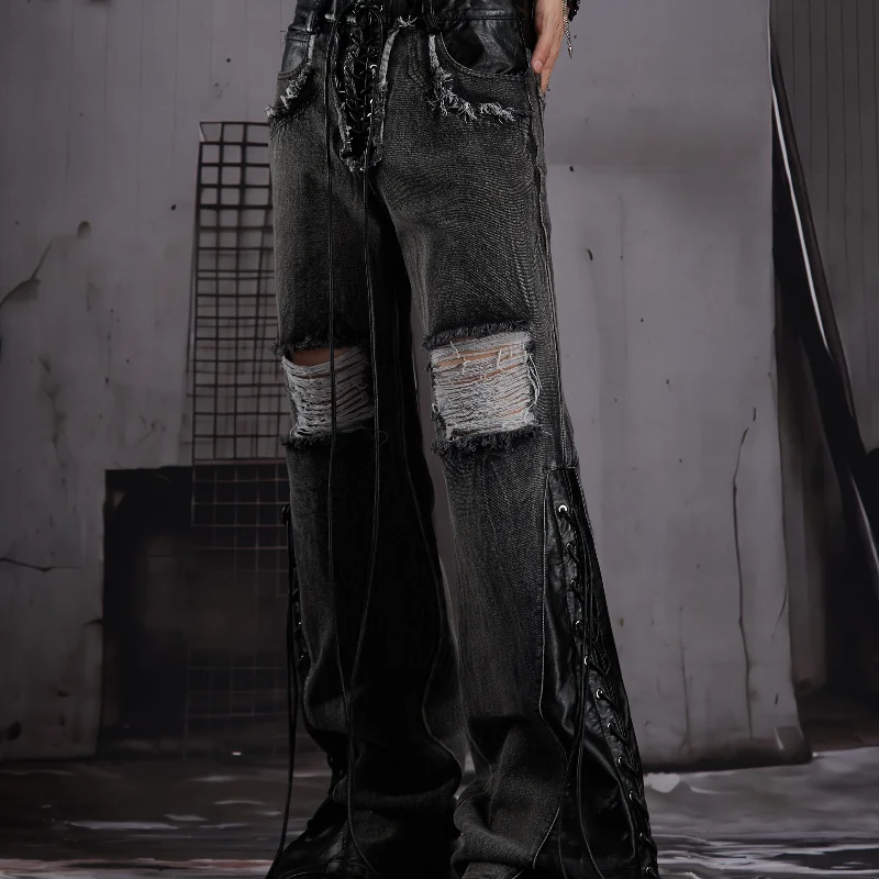 MWJLPWQ Men's Dark Ripped Patchwork Rivet Jeans Men's Street Style Drawstring Chic Slim Fit Denim Flared Pants For Autumn 20320