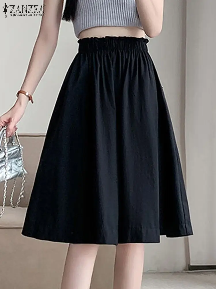 ZANZEA Women Sweety Overskirts Korean Solid Autumn Elastic Waist Midi Skirts Elegant Fashion Pleated Jupe Causal Office Faldas