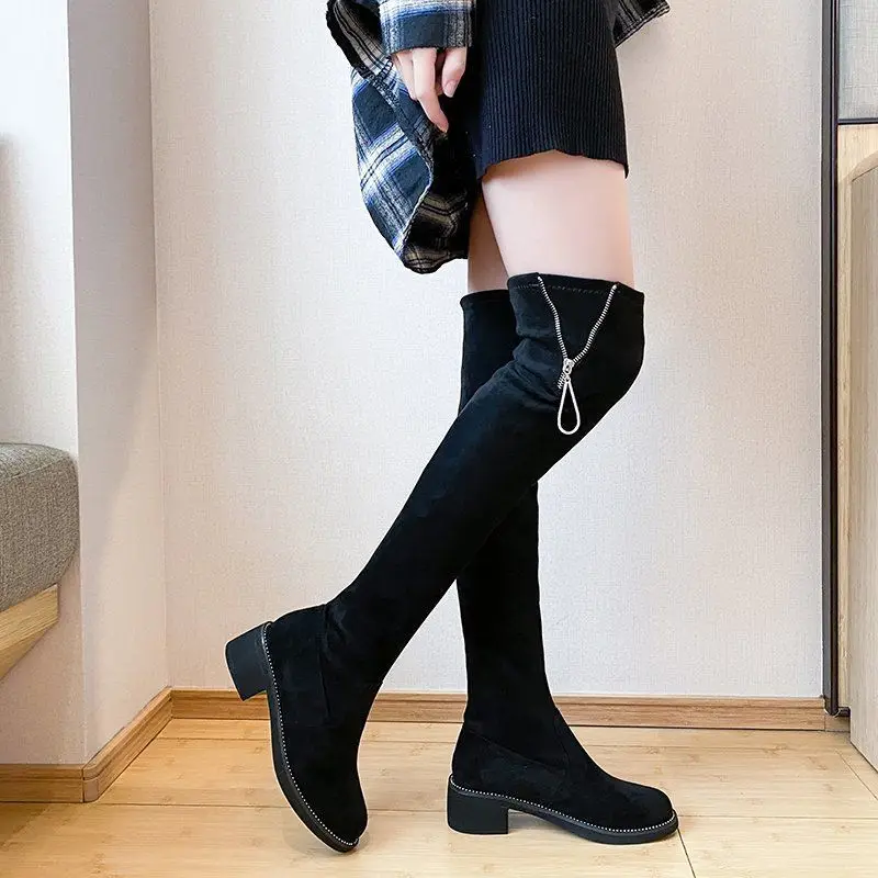 Footwear Middle Heel Shoes for Women Ladies Boots Above Over The Knee Elastic Black Thigh High Sock Spring 2024 Winter Novelty