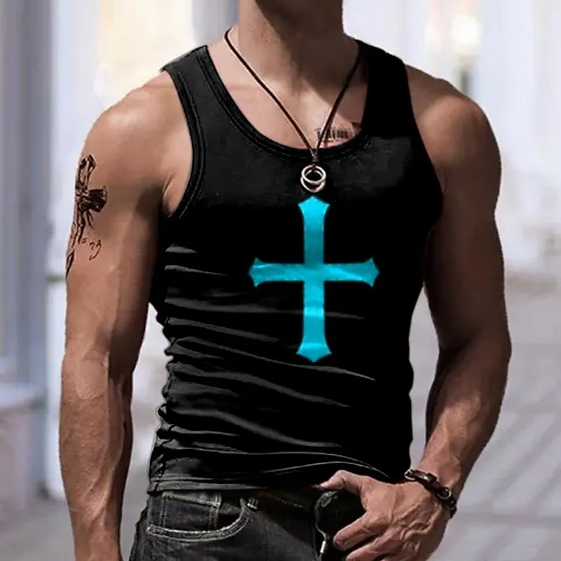 

Funny Cross Print Men's Tank Top Outdoor Fitness Sports Gym Tee Summer Casual Sleeveless Shirt Fashion Breathable Loose Man Vest