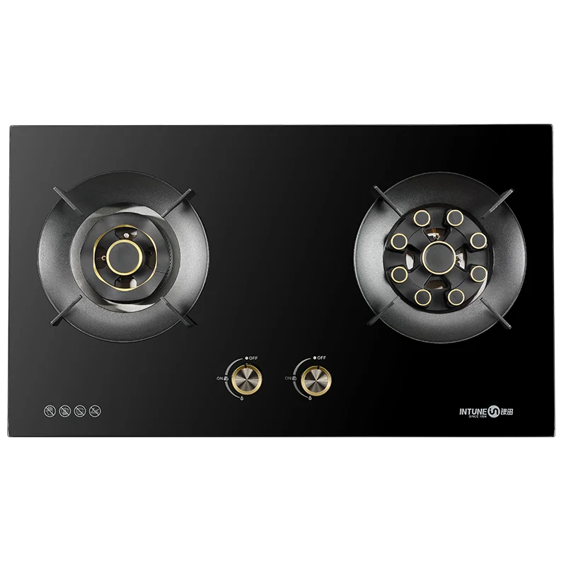 B932D موقد غاز بشعلة ثنائية - سطح زجاجي مدمج مع إشعال البطارية، نوع غاز البترول المسال لمطابخ المنزل والفنادق