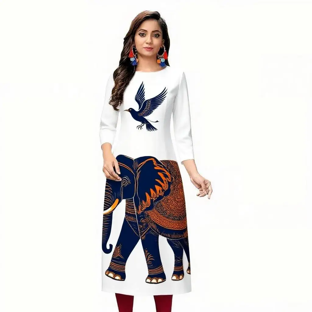 Vestido kurt feminino elegante e elegante de manga comprida tubo reto casual em torno do pescoço cor padrão de elefante.