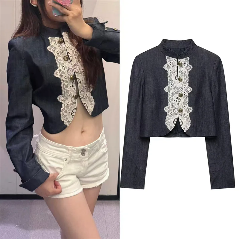 Smvp Women's Jacket 2026 Fall New Arrival Dark Gray Long-Sleeve Lace-Panel Biker Short Jacket Casual Fashion Unique