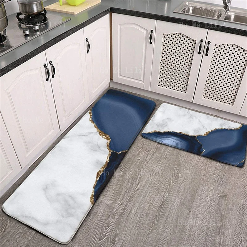 White Marble Gilded Navy Blue Agate Texture Design Flannel Kitchen Rugs Non Slip Ultra Soft Washable Durable Doormat Carpet