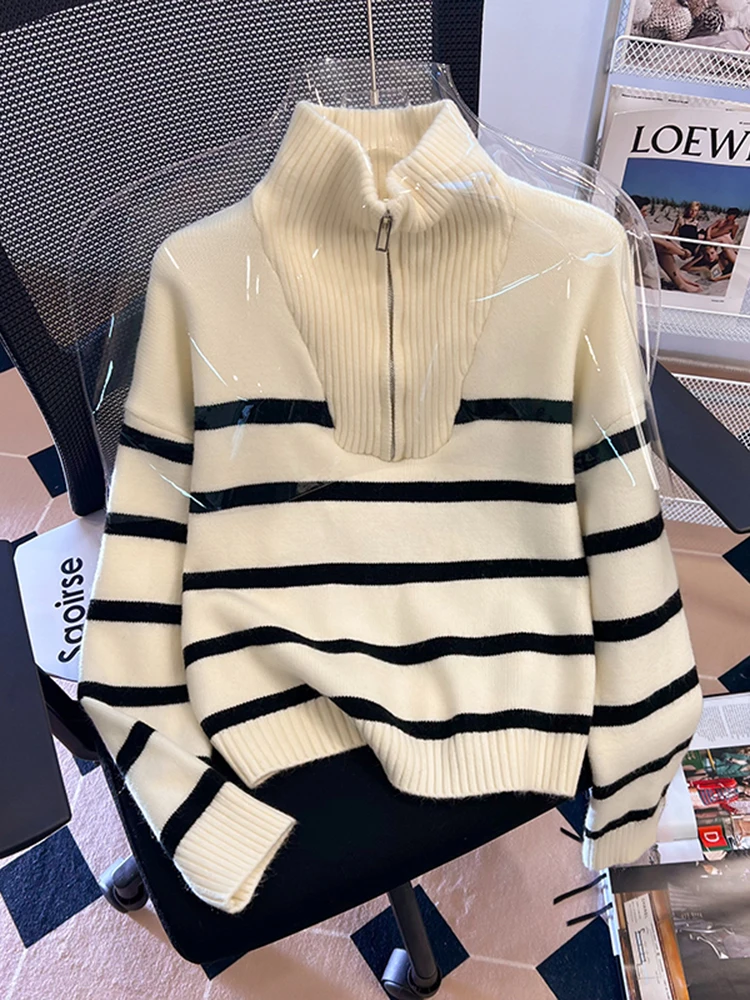 Women Striped Turtleneck Zipper Sweater Mujer Long Sleeve Tops Knitwear Korean Fashion Pullovers Loose Female Sweaters