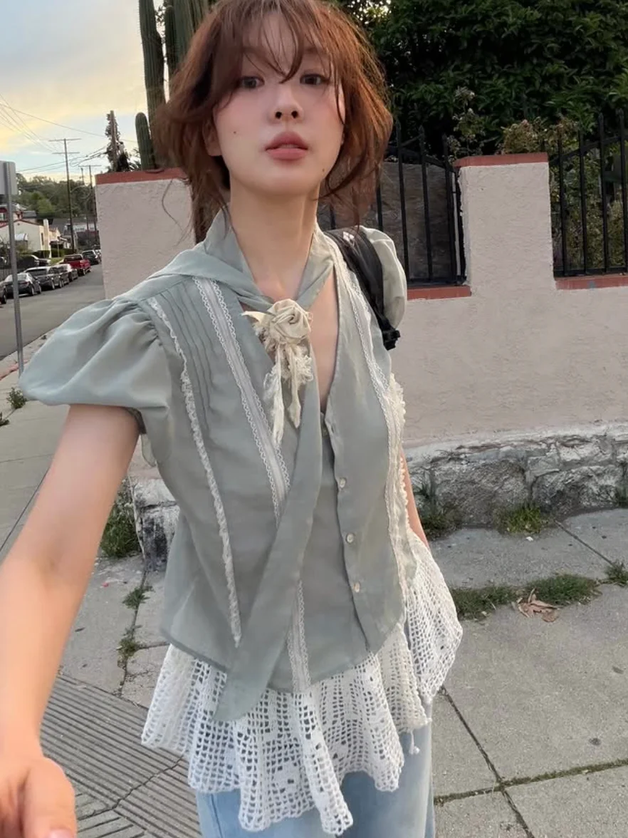 

Slimming College Style Shirt Women's Bubble Sleeve Knot Waist Cinched Floral Top Short Sleeve Turn-down Collar