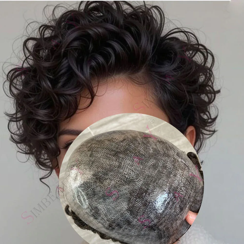 

25 мм вьющийся мужской парик с натуральной линией волос # 2 # 6, коричневый, блондин, черный, серый парик из натуральных волос, супер прочный капиллярный протез из микрокожи