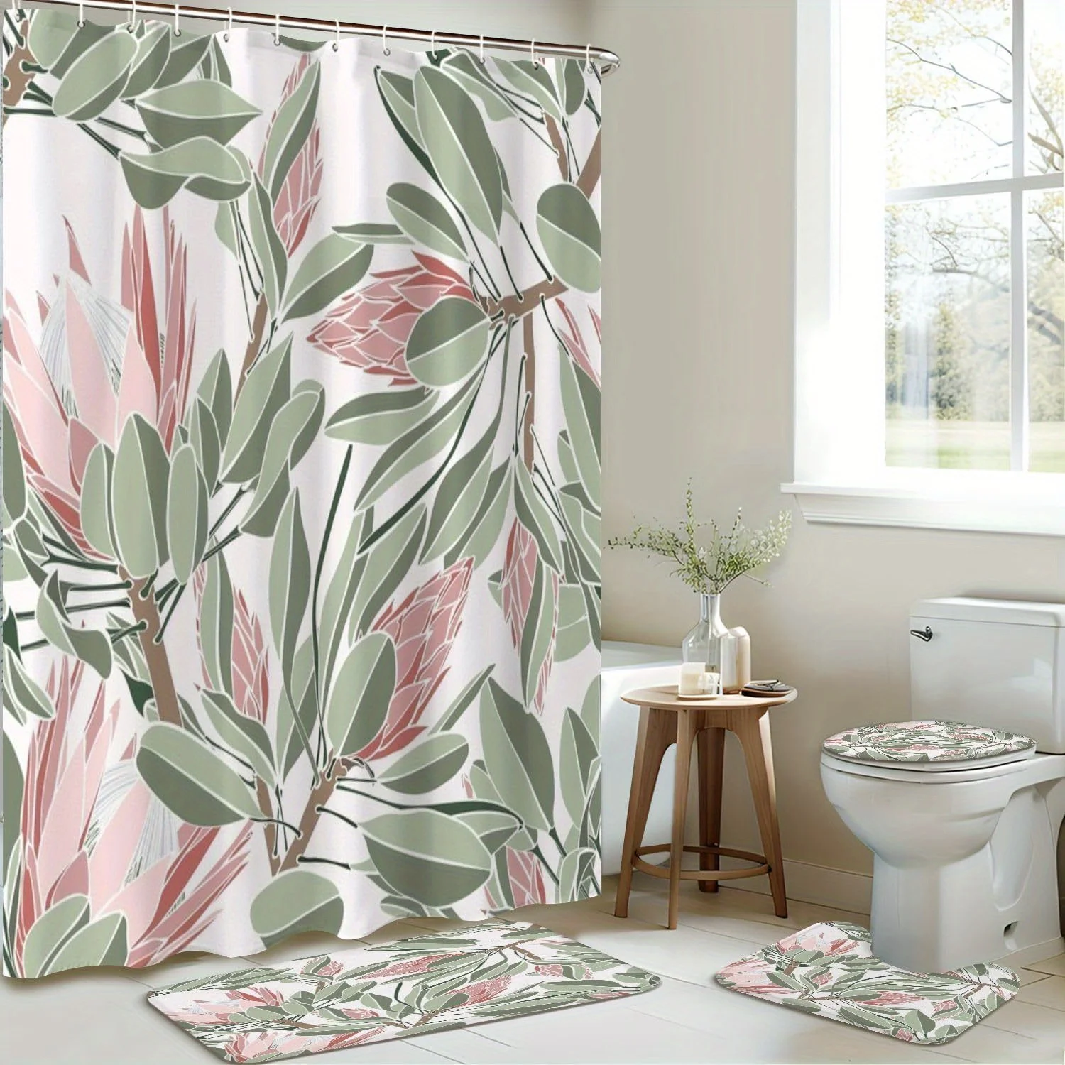 

4 шт. винтажные африканские тропические цветы, можно стирать в машине, полиэфирная ткань, занавеска для душа, коврик для унитаза, нескользящий коврик, U-образный коврик