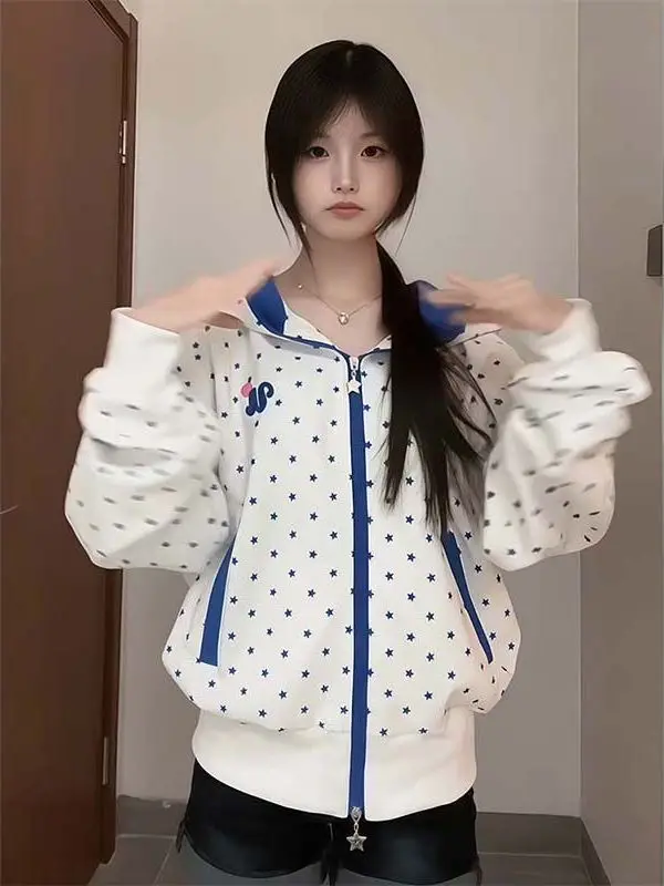 Thickened Hooded Jacket College Style Contrast Color Printed Star Autumn Winter Women's Short Outerwear Magic Tape Dopaamine ...