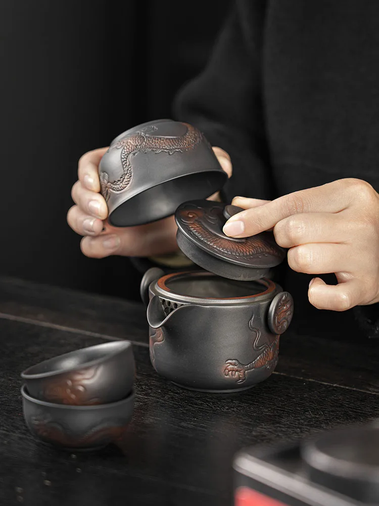 Purple Pottery Quick Guest Cup  One Pot  Three Cups  Portable Kung Fu Travel Tea Set Outdoor Car Mounted Household Tea Pot