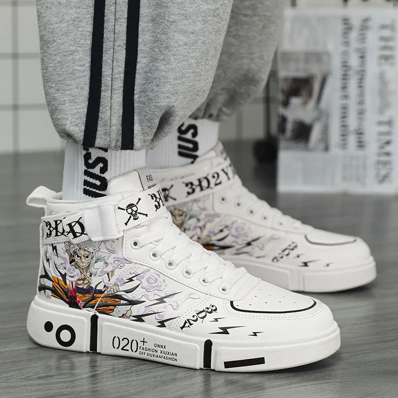 Fashion Cartoon Printed White Sneakers da uomo High Top coppie scarpe da Skateboard Designer Anime Shoes Sneakers da donna 2024 cestini