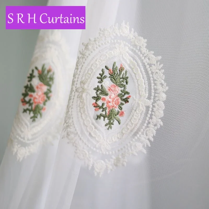 

European Countryside Pink Flower Embroidery White Sheer Tulle Curtains For Bedroom Living Room Balcony Window Voile Yarn Drapes