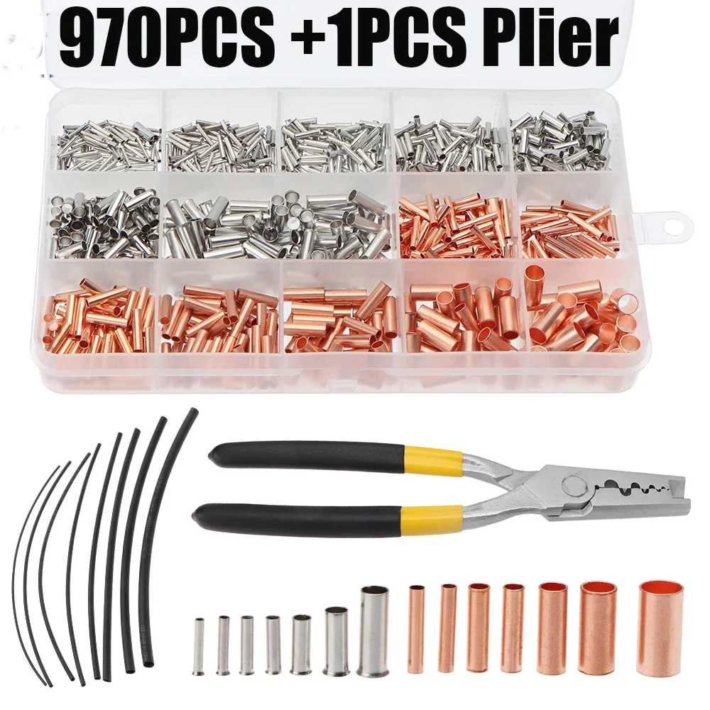 970 stks/set Koperen Pijp Verbinding Gezamenlijke Draad Kleine Koperen Pijp Kabel Crimp Terminal Lug Bussen Kit met Krimpkous Tang