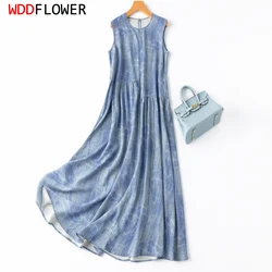 Women Silk Tank Dress 70% Silk 30% Cotton Long Type Blue Denim Printed Sleeveless O Neck Big Hem Midi Dress L XL MM948