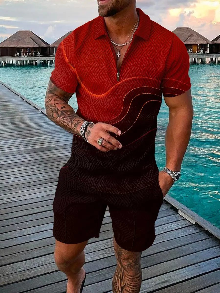 2022 verão camisa polo casual masculino terno hawaii praia moda tendência impressão 3d zíper manga curta camiseta shorts de duas peças conjunto