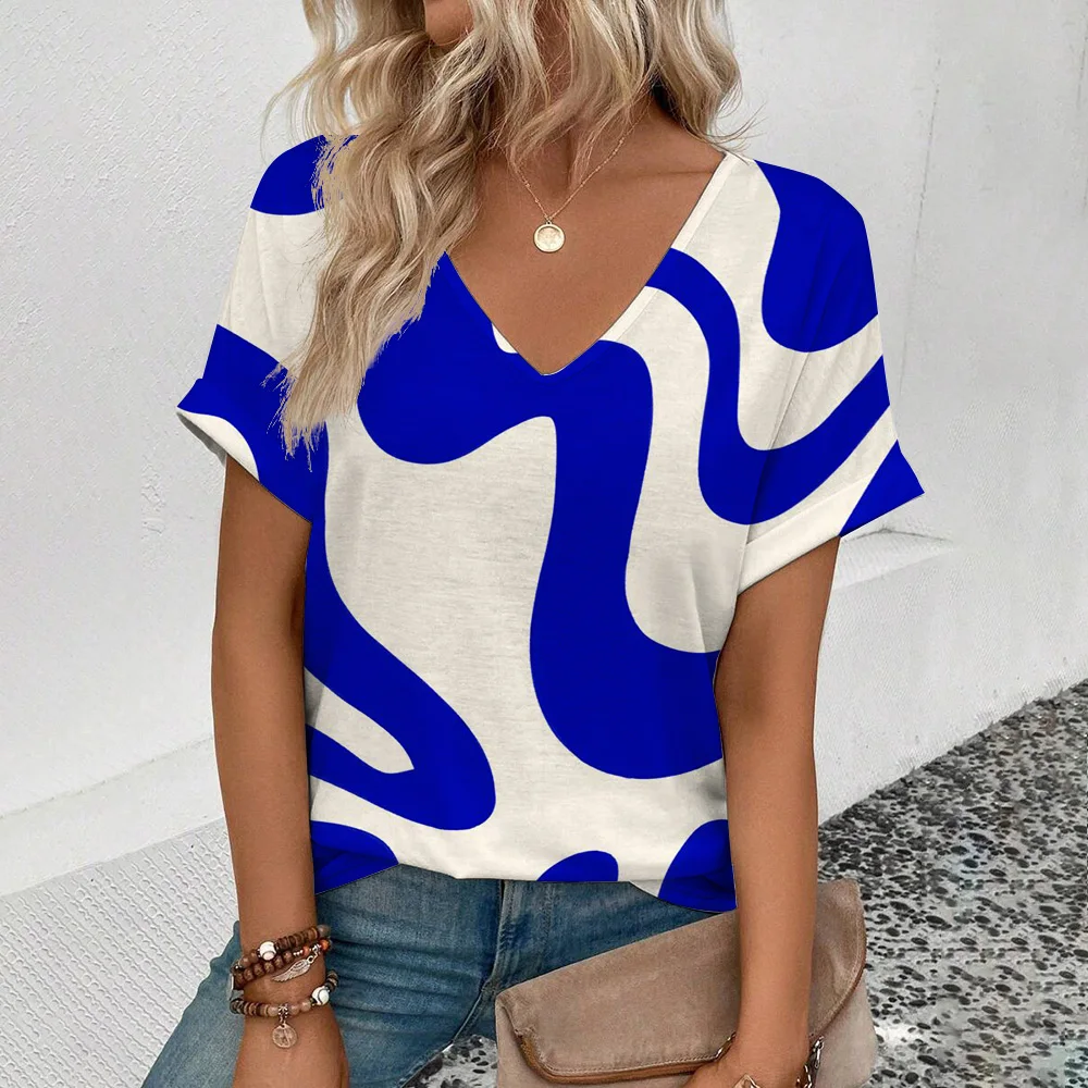 Women's V-neck Short Sleeve T-Shirt Geometric Lines Print T-Shirt Fashion Short Sleeve T-Shirt Summer Women's Leisure T-Shirt