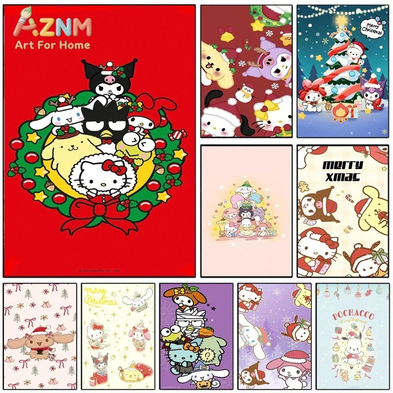Sanrio Christmas Wreath Characters Canvas Wall Art Unframed Canvas Poster Kawaii Xmas Print Kids Room Wall Decor Gift